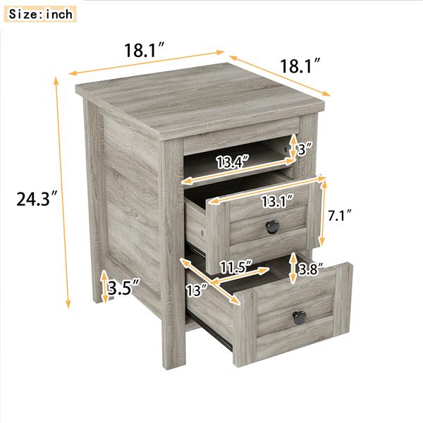 2-Drawer Farmhouse Wooden Nightstand with Well-proportioned Design and Sleek Lines, Wood Side Table with Storage Cabinet for Bedroom, Antique Gray