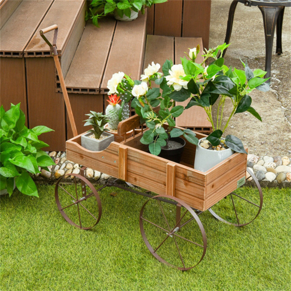 Wooden plant frame with wheels, Brown planting pot