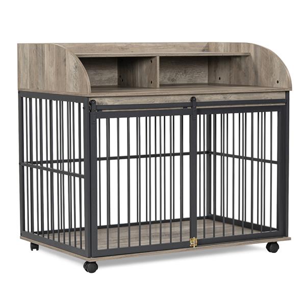 44'' Heavy Duty Large Dog Crate Furniture for Large Medium Dog with Lockable Wheels, Wooden Dog Crate Dog Kennel, End Table Crate with Double layer storage, Gray