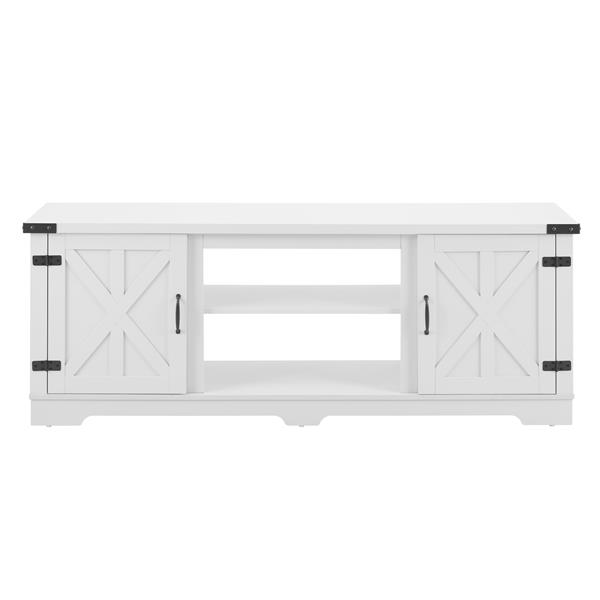 Modern Farmhouse TV Media Stand, Large Barn Inspired Home Entertainment Console, for TV Up to 70'', with Open Shelves and Closed Cabinets, White, 64.8"W*15.67"D*24.29"H