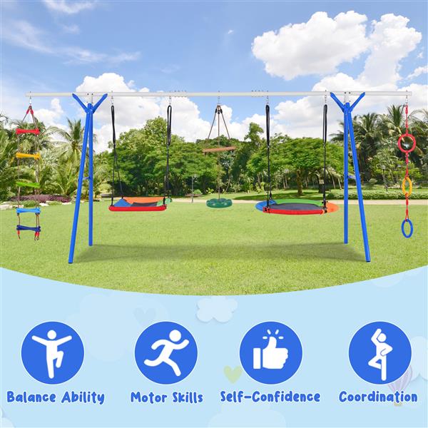 5 in 1 Outdoor Toddler Swing Set for Backyard, Playground Swing Sets with Steel Frame, Multifunction Playsets for Kids with Climbing Ladder, Saucer Swing, Monkey Bar Swing, Disc Swing and Swing Ring