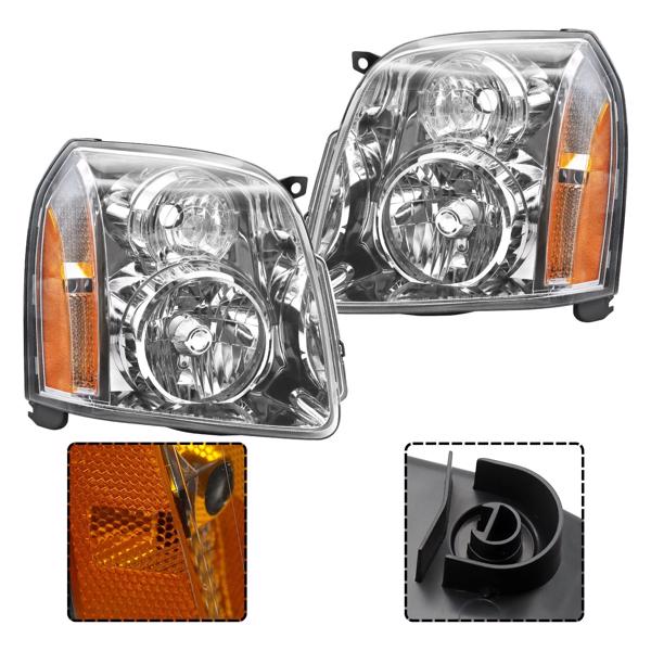 Headlight Assembly For 2007-2014 GMC Yukon/2007-2014 GMC Yukon XL 1500 2500 , w/o bulb, Chrome+Amber, Left and Right Side