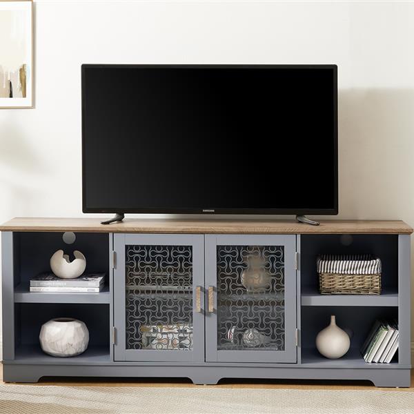 Modern Farmhouse TV Media Stand, Large Home Entertainment Console, for TV Up to 80'', with Open Shelves and Glass Door Cabinets, Light Blue and Light Oak, 70"W*15.55"D*26.85"H