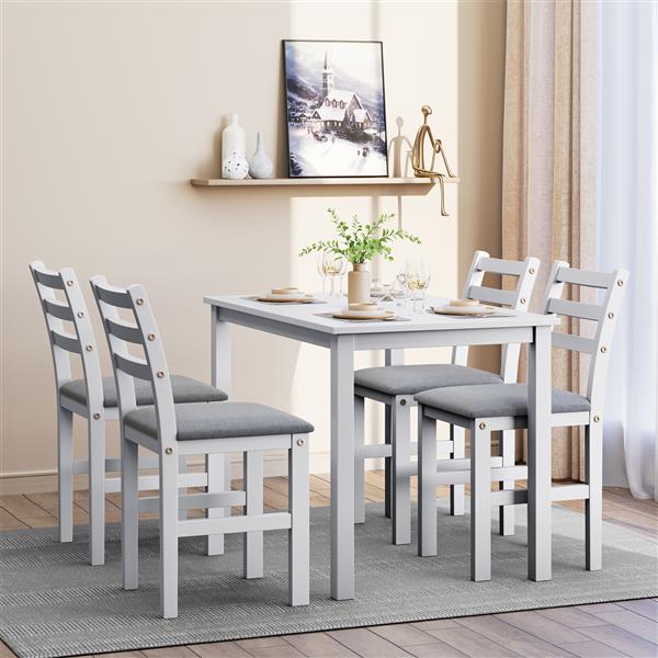 5PCS Stylish Dining Table Set 4 Upholstered Chairs with Ladder Back Design for Dining Room Kitchen Gray Cushion White