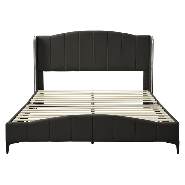 Queen Size PU Leather Upholstered Platform Bed, Headboard with Wingback and Metal Bar Accents, No Box Spring Required, Black