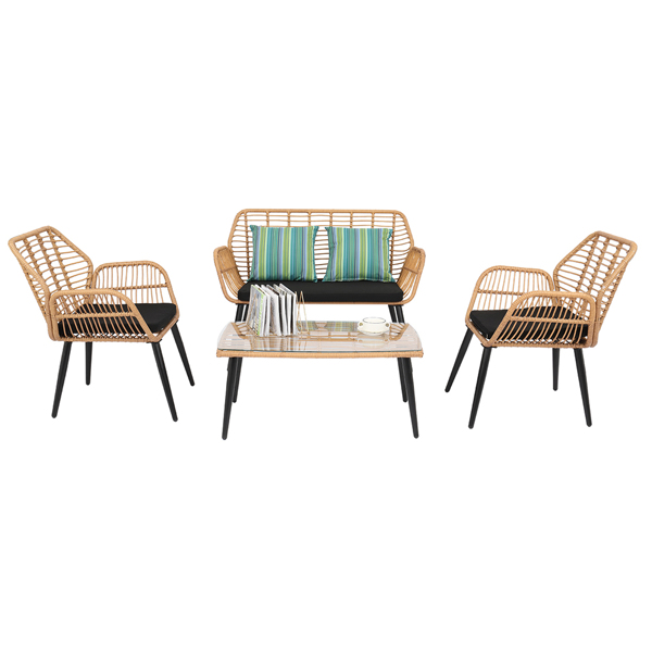 4-Piece Patio Furniture Outdoor Bistro Set, All Weather Rattan Conversation Bistro Loveseat Chair and Table Set for Backyard Balcony Deck