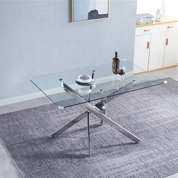 Modern Glass Table for Dining Room/Kitchen, 0.39" Thick Tempered Glass Top, Chrome Stainless Steel Base