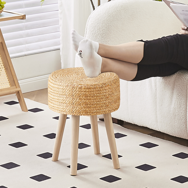 Round Ottoman Footstool Natural Seagrass Foot Stool Pouf Ottomans with Solid Wood Legs Hand Weave Hyacinth Footrest Step Stool for Living Room Balcony Garden Amazon Shipping