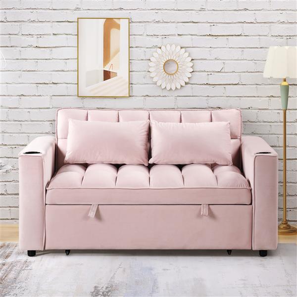 55.3" 4-1 Multi-functional Sofa Bed with Cup Holder and USB Port for Living Room or Apartments Pink