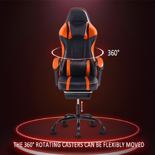 Video Game Chairs for Adults, PU Leather Gaming Chair with Footrest, 360°Swivel Adjustable Lumbar Pillow Gamer Chair, Comfortable Computer Chair for Heavy People, Orange