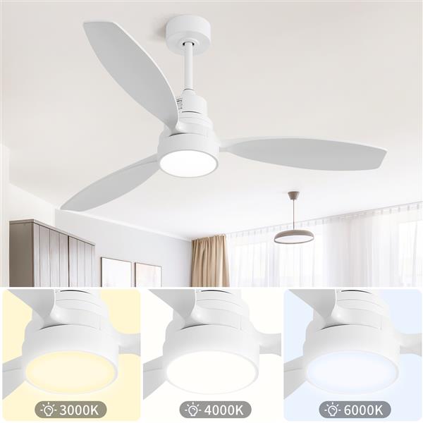 52 Inch Wooden Ceiling Fan White 3 Solid Wood Blades Remote Control Reversible DC Motor With Led Light