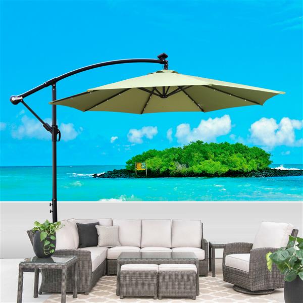 10 ft Outdoor Patio Umbrella Solar Powered LED Lighted Sun Shade Market Waterproof 8 Ribs Umbrella with Crank and Cross Base for Garden Deck Backyard Pool Shade Outside Deck Swimming Pool