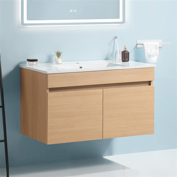 30 Inch Wall Mounted Bathroom Vanity with White Ceramic Basin,Two Soft  Close Cabinet Doors, Solid Wood,Excluding faucets,Light Oak