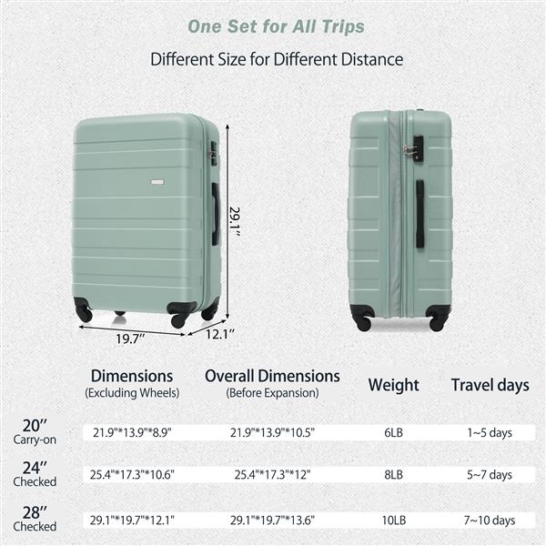 Luggage Sets New Model Expandable ABS Hardshell 3pcs Clearance Luggage Hardside Lightweight Durable Suitcase sets Spinner Wheels Suitcase with TSA Lock 20''24''28''( Green)