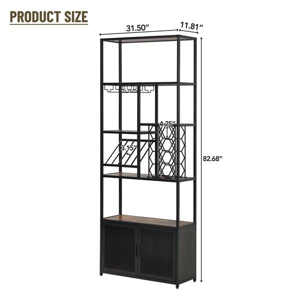 82.7" Industrial Standing Wine Rack with Glass Rack Tall  Floor Bar Cabinet