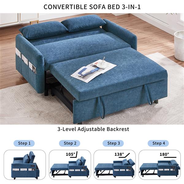 55.1" Pull Out Sleep Sofa Bed Loveseats Sofa Couch with Adjsutable Backrest, Storage Pockets, 2 Soft Pillows, USB Ports for Living Room, Bedroom, Apartment, Office, Blue