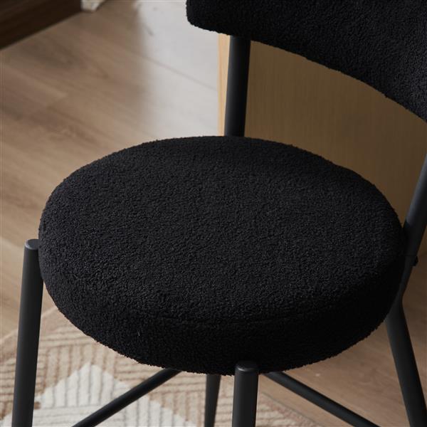 Set of 2 modern teddy fabric upholstered bar stools - Metal base high stool - Suitable for kitchen, dining and living room - Black - Stylish and comfortable island seating