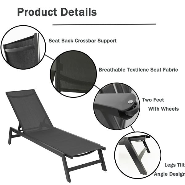 NEW Outdoor 2-Pcs Set Chaise Lounge Chairs,Five-Position Adjustable Aluminum Recliner,All Weather for Patio,Beach,Yard,Pool ( Grey Frame/ Black fabric)