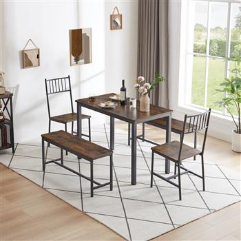 Dining Table Set, Barstool Dining Table with 2 Benches 2 Back Chairs, Industrial Dining Table for Kitchen Breakfast Table, Living Room, Party Room, Rustic Brown and Black,43.3″L x 23.6″W x 29.9″H