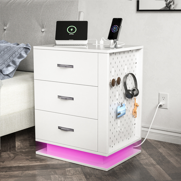 RGB LED With with Charging Station and USB Ports 3 Drawer Side Cabinet Bedside Table Nightstand Left Side White