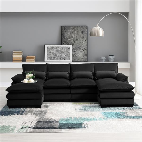 [VIDEO provided][New]110*55" Modern U-shaped Sectional Sofa with Waist Pillows,6-seat Upholstered Symmetrical Sofa Furniture,Sleeper Sofa Couch with Chaise Lounge for Living Room,Apartment,Black