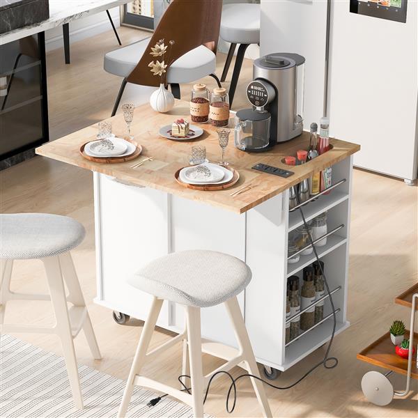 Kitchen Island with Power Outlet,Kitchen Storage Island with Drop Leaf and Rubber Wood,Open Storage and Wine Rack,5 Wheels,with Adjustable Storage for Home, Kitchen, and Dining Room,White