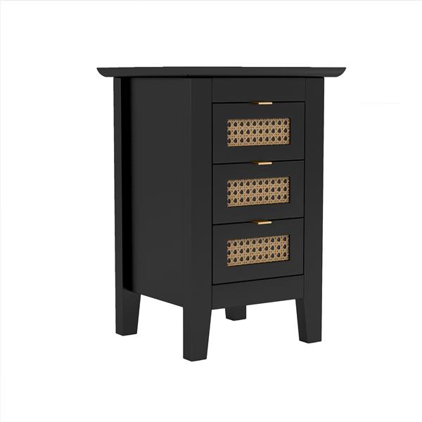 Wooden Nightstands Set of 2 with Rattan-Woven Surfaces and Three Drawers, Exquisite Elegance with Natural Storage Solutions for Bedroom, Black