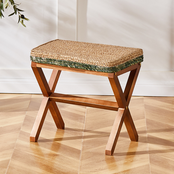 Ottoman Footstool Natural Seagrass Footrest Pouf Ottomans with X Wooden Legs Rectangular Hand Weaving Foot Rest for Living Room Patio Balcony 17 inch 