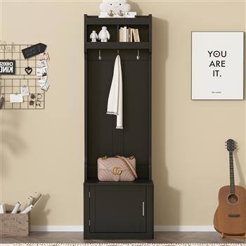 Minimalist Slim Hall Tree with Cabinet & 6 Hanging Hooks, Multi-functional Storage Bench with Coat Rack, Elegant Foyer Cabinet for Hallway, Living room, Black