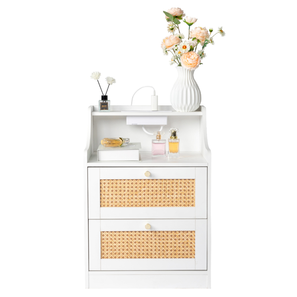 [] white particleboard with triamine matt gold tapered handle 45*35*63cm rattan two drawers with compartments bedside table 1 wireless + 2 USB ports + 2 US standard three-plug ports