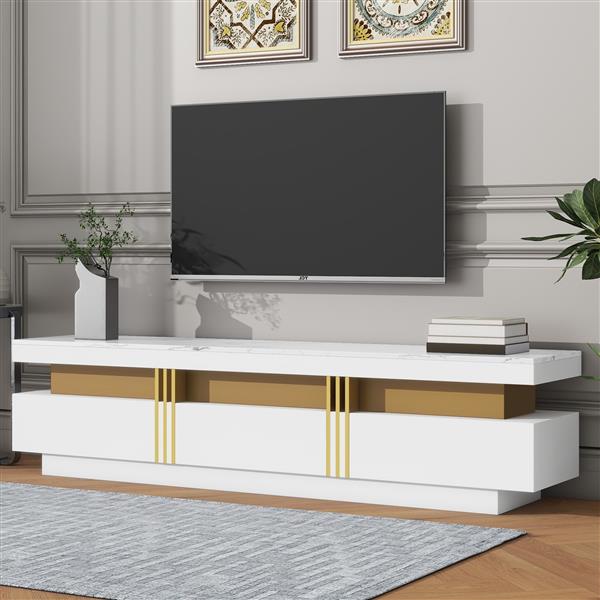 ON-TREND Luxury TV Stand with High Gloss Faux Marble Top for TVs Up to 78'', Rectangle Media Console with Golden Panel Design, Practical Entertainment Center with 3 Drawers for Living Room, White