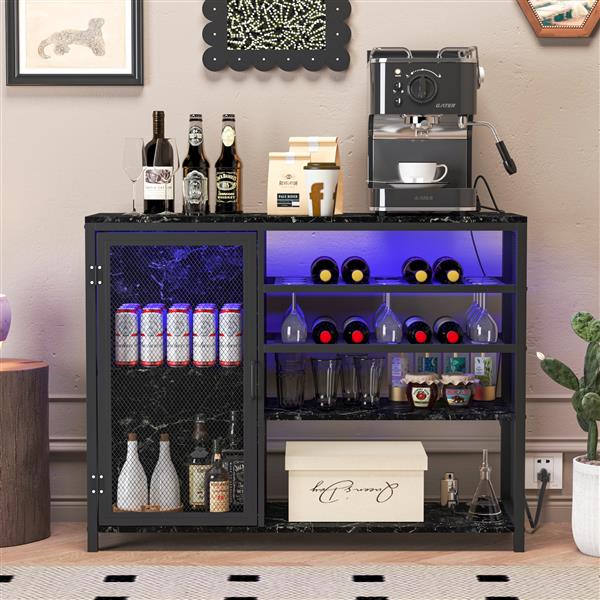 Bar Cabinet,Wine Bar Cabinet,Liquor Storage Credenza,Sideboard with Wine Racks & Stemware Holder,With UAB socket,Metal bracket,Canbeplacedin familybars,hallways,living rooms,Color:black+Marble texture