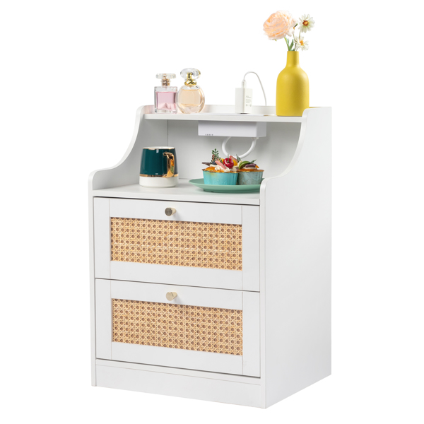 [] white particleboard with triamine matt gold tapered handle 45*35*63cm rattan two drawers with compartments bedside table 1 wireless + 2 USB ports + 2 US standard three-plug ports