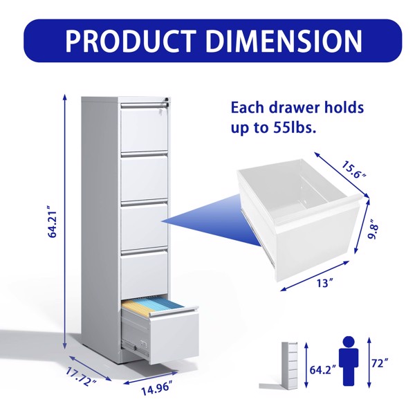 5 Drawer Metal Vertical File Cabinet with Lock Office Home Steel Vertical File Cabinet for A4 Legal/Letter Size