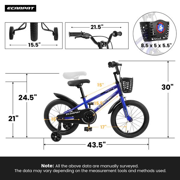 Kids Bike 16 inch for Boys & Girls with Training Wheels, Freestyle Kids' Bicycle with Bell,Basket and fender.