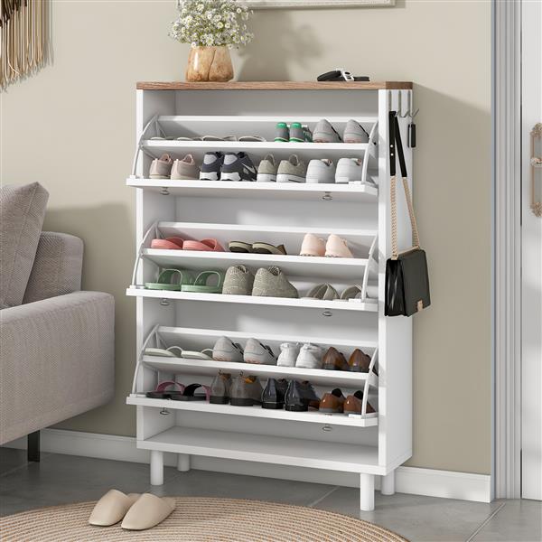 Narrow Design Shoe Cabinet with 3 Flip Drawers, Wood Grain Pattern Top Entryway Organizer with 3 Hooks, Free Standing Shoe Rack with Adjustable Panel for Hallway, White