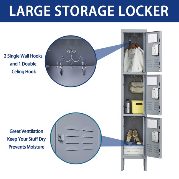 3 Door 66"H Metal Lockers With Lock for Employees,Storage Locker Cabinet for Home Gym Office School Garage,Gray 