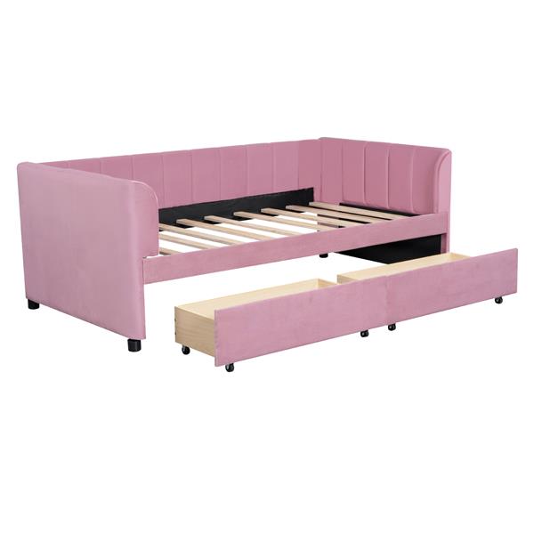 Twin Size Upholstered Daybed with Ergonomic Design Backrest and 2 Drawers, Pink