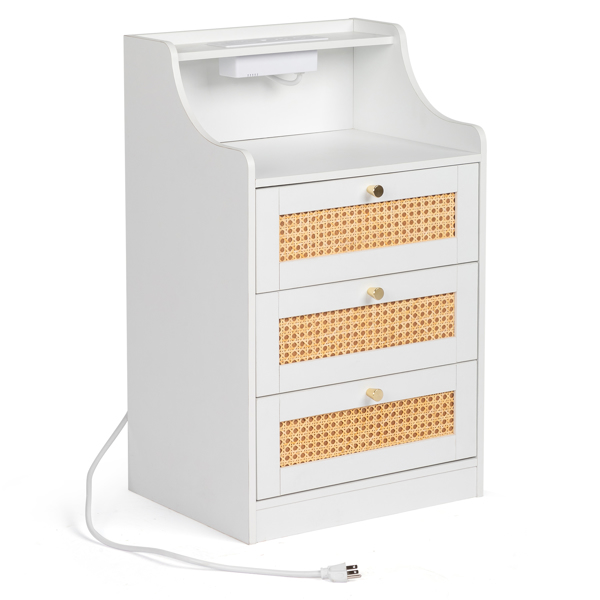 FCH white particleboard with triamine matt gold tapered handle 45*35*73cm rattan three drawers with compartments bedside table 1 wireless + 2 USB ports + 2 US standard three-plug ports