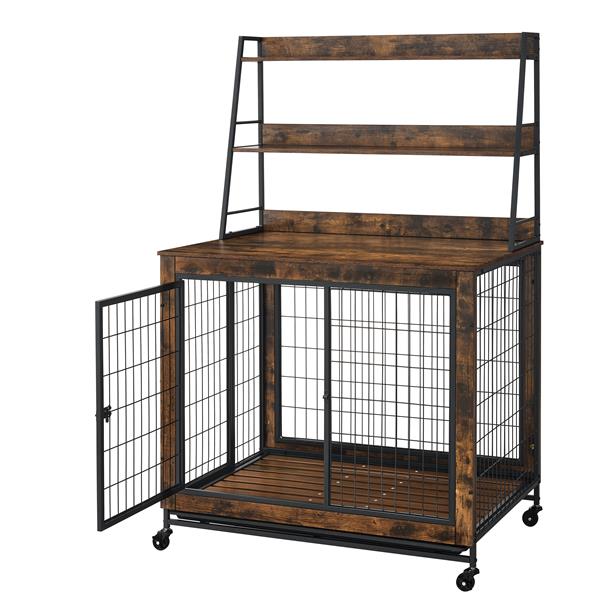 Furniture type dog cage iron frame door with cabinet, two door design, Rustic Brown,37.99"WX27.36"DX59.92"H