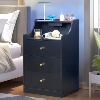 FCH black particleboard with triamine matt gold tapered handle 45*35*73cm three drawers with compartments bedside table 1 wireless + 2 USB ports + 2 US standard three-plug ports