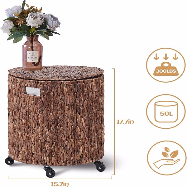 Vintage Storage Basket, Multipurpose Rolling Hamper With Brakable Wheels and Lid, Braid Laundry Bin, Handwave Clothes Toy Organizer Tote for Living Room