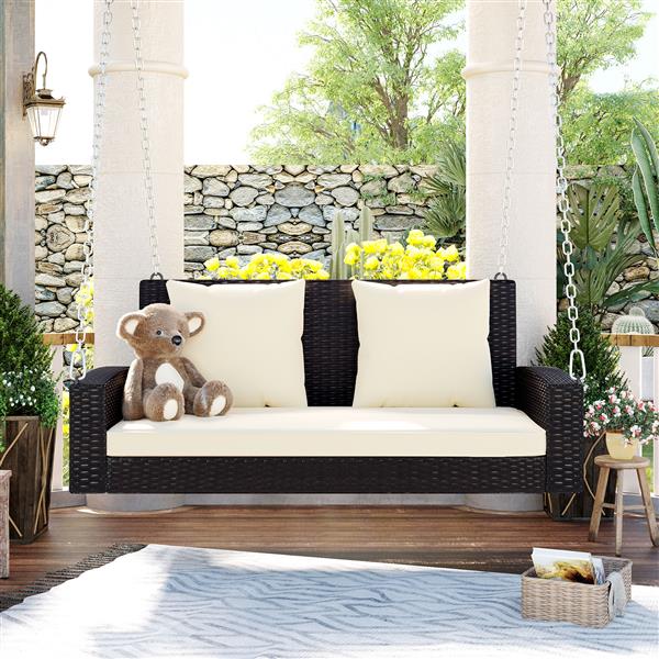 2-Person Wicker Hanging Porch Swing with Chains, Cushion, Pillow, Rattan Swing Bench for Garden, Backyard, Pond. (Brown Wicker, Beige Cushion)