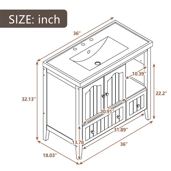 [VIDEO] 36" Bathroom Vanity with Ceramic Basin, Bathroom Storage Cabinet with Two Doors and Drawers, Solid Frame, Metal Handles, Grey