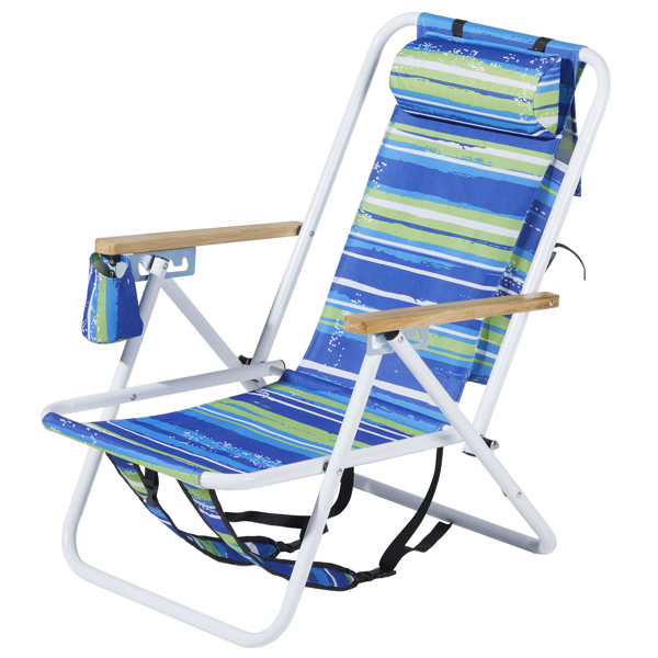 Folding Beach Chair Set of 2 for Adults, 4 Position Portable Backpack Foldable Camping Chair with Headrest Cup Holder and Wooden Armrests, Blue & Green Stripes