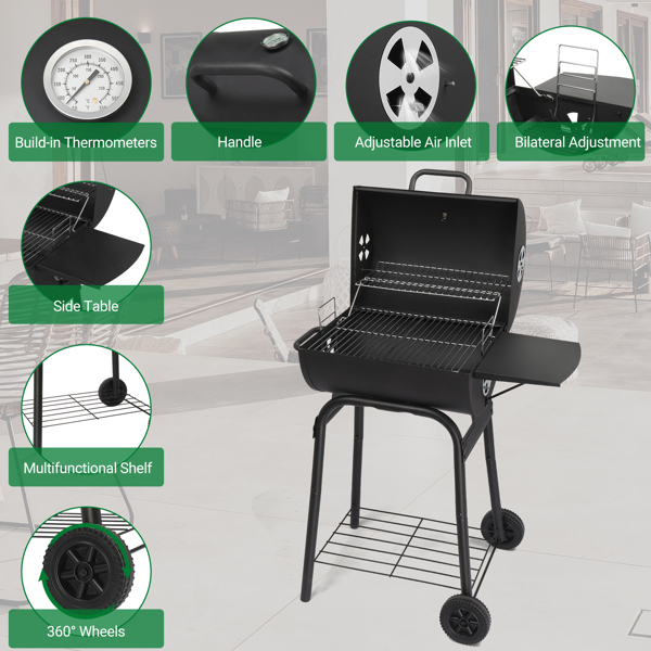 Charcoal Grills Outdoor BBQ Grill, Barrel Charcoal Grill with Side Table and Wheels, for Outdoor Backyard Camping Picnics Patio and Parties