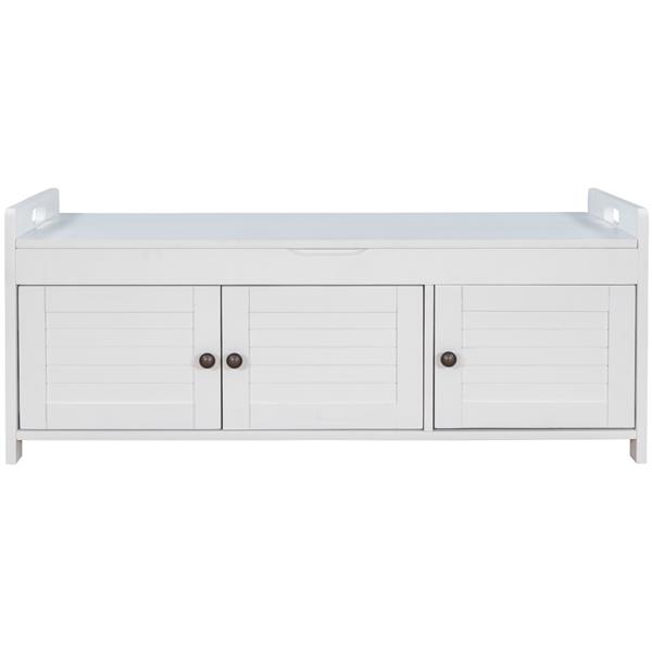 Storage Bench with 3 Shutter-shaped Doors, Shoe Bench with Removable Cushion and Hidden Storage Space