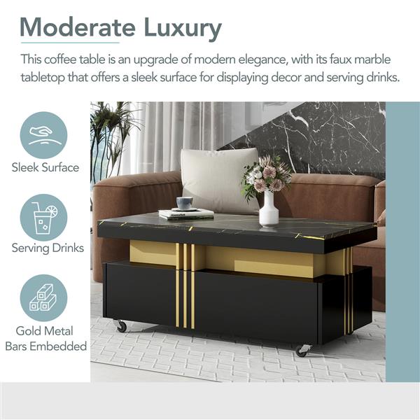 [VIDEO provided] Contemporary Coffee Table with Faux Marble Top, Rectangle Cocktail Table with Caster Wheels, Moderate Luxury Center Table with Gold Metal Bars for Living Room, Black