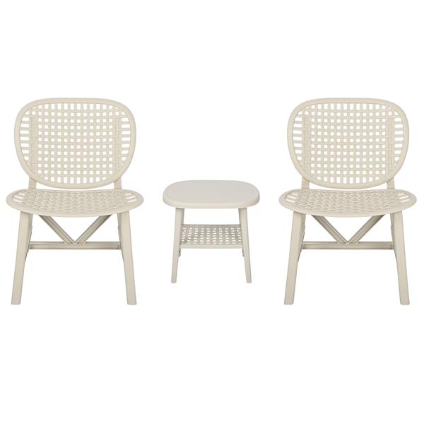 3 Pieces Hollow Design Retro Patio Table Chair Set All Weather Conversation Bistro Set Outdoor Table with Open Shelf and Lounge Chairs with Widened Seat for Balcony Garden Yard White