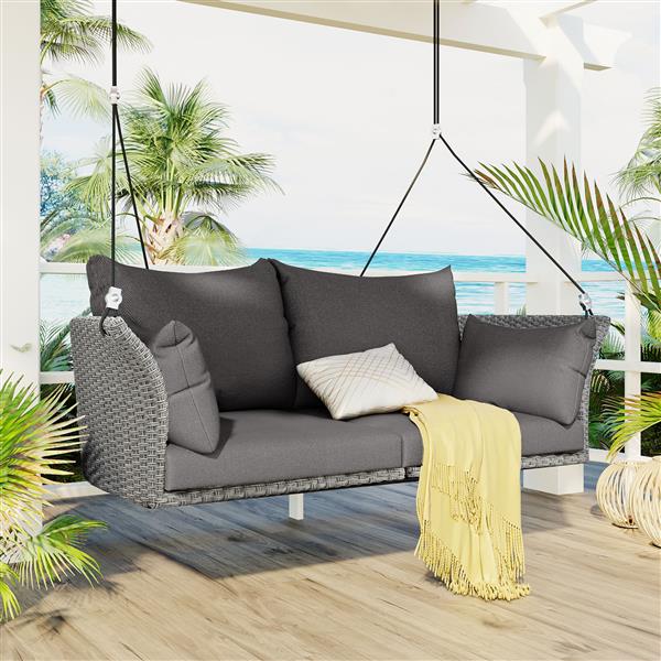 51.9" 2-Person Hanging Seat, Rattan Woven Swing Chair, Porch Swing With Ropes,  Gray Wicker And Cushion